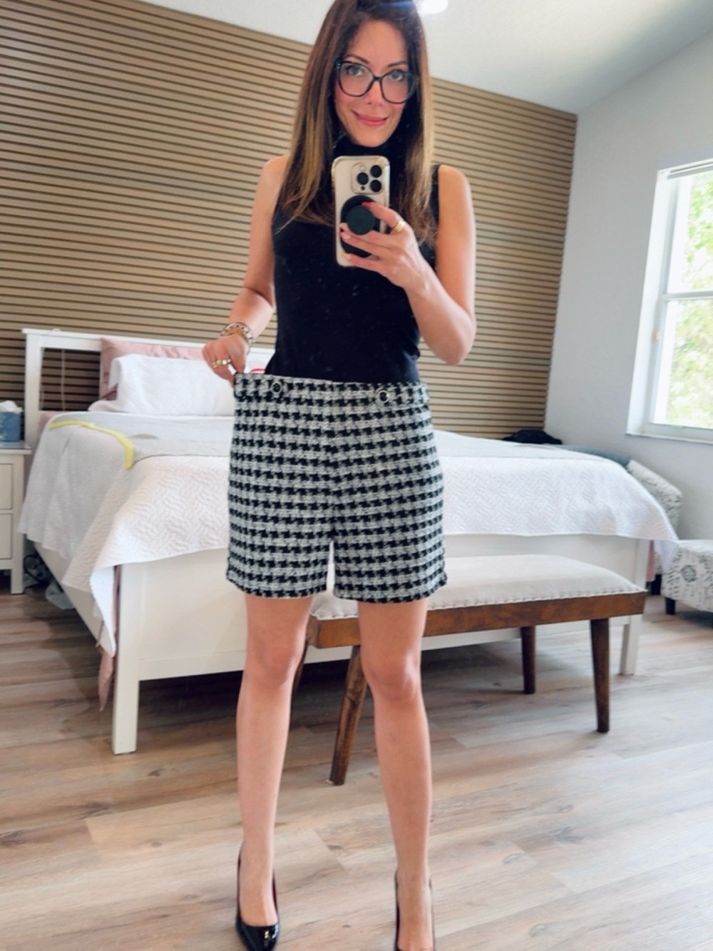 Messini Black & White Houndstooth Shorts